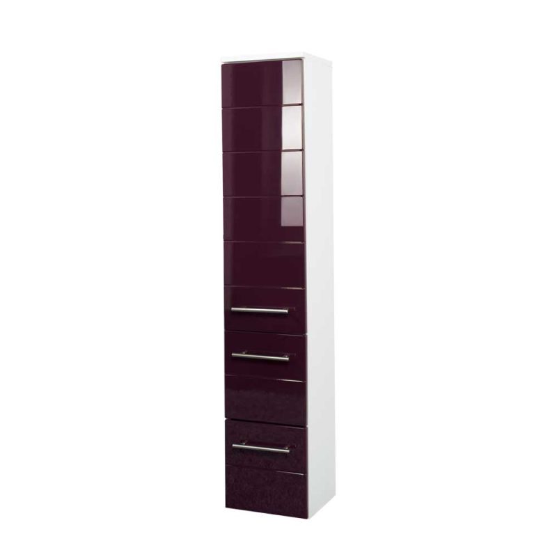 Badezimmer Hochschrank Bigova in Aubergine Hochglanz hängend